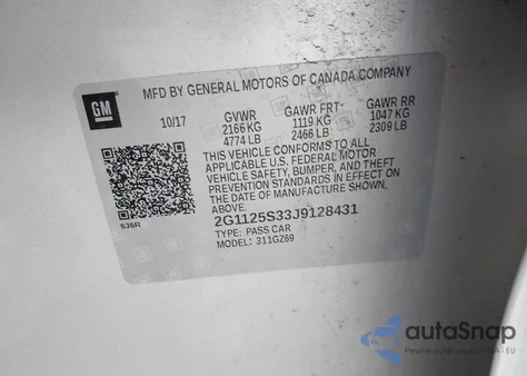 2018 Chevrolet Impala 2Lz from USA, damaged, VIN 2G1125S33J9128431